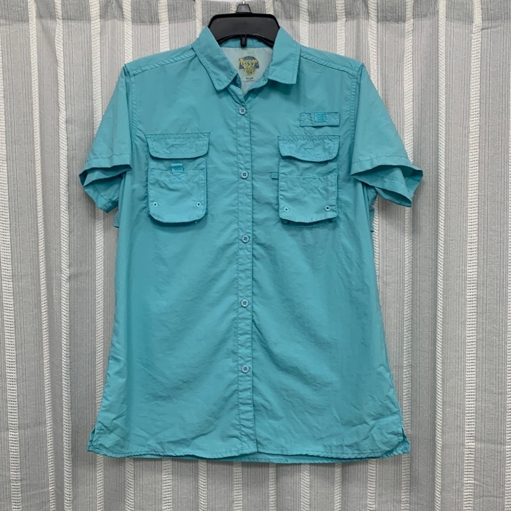Banana‎ Boat Camp Shirt Aqua Blue Short Sleeve Button Up Size S - EUC